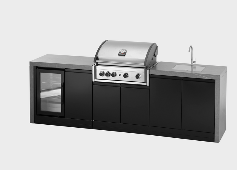 GrandPro Outdoor Kitchen with Elite Pro 4 Burner BBQ, Fridge, Sink and WaterFall - 3.4m