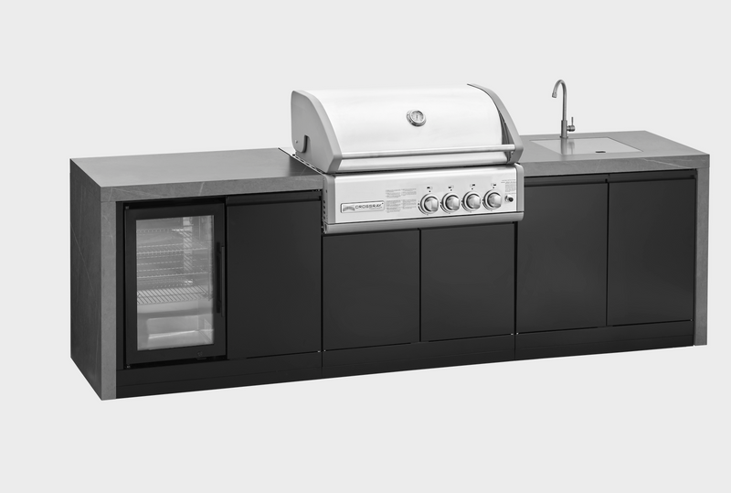 GrandPro Outdoor Kitchen with CrossRay 4 Burner BBQ, Sink, Fridge and WaterFall - 2.9m
