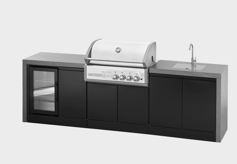 GrandPro Outdoor Kitchen with CrossRay 4 Burner BBQ, Sink, Fridge and WaterFall - 3.4m x 1.5m