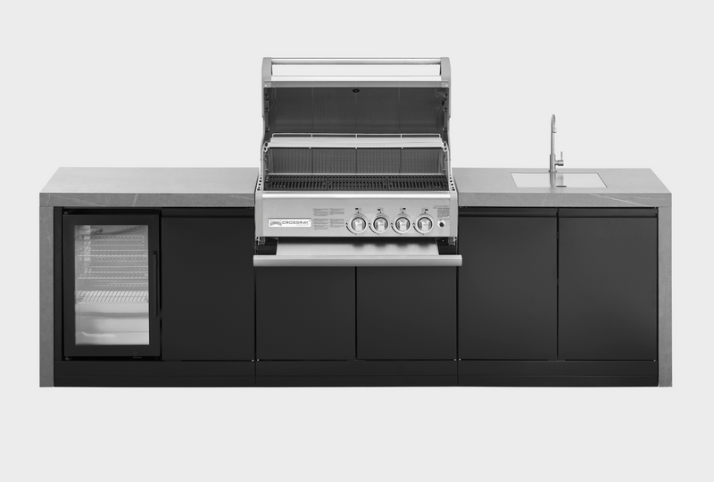 GrandPro Outdoor Kitchen with CrossRay 4 Burner BBQ, Sink, Fridge and WaterFall - 3.4m x 1.5m