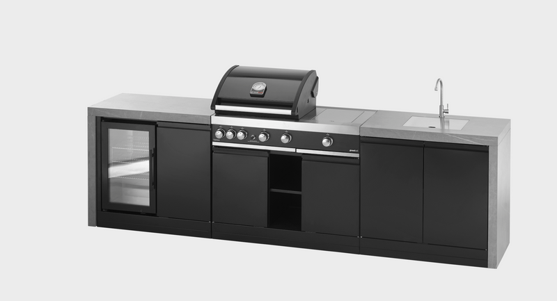 GrandPro Outdoor Kitchen with 3 Burner BBQ, Side Burner, Fridge, Sink and WaterFall - 3.6m