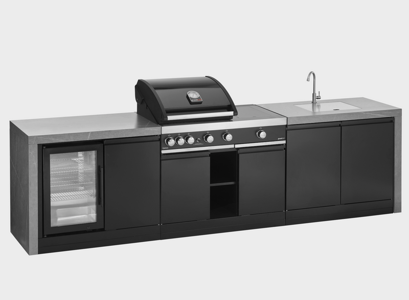 GrandPro Outdoor Kitchen with 3 Burner BBQ, Side Burner, Fridge, Sink and Water Fall - 3.6m x 1.5m