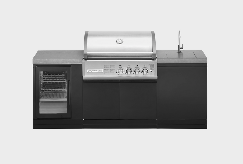 GrandPro Outdoor Kitchen with CrossRay 4 Burner BBQ, Sink and Fridge - 2.2m