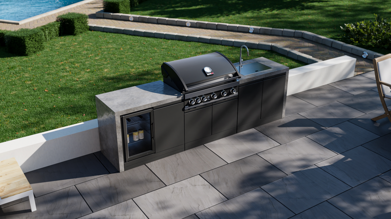 GrandPro Outdoor Kitchen with 5 Burner BBQ, Fridge, Sink and WaterFall - 2.8m