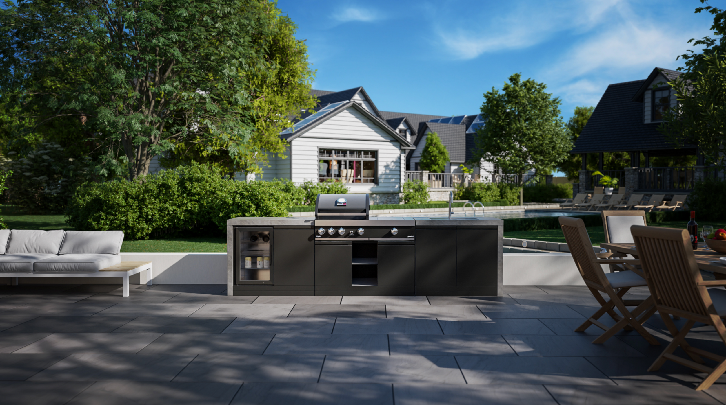 GrandPro Outdoor Kitchen Maxim 3 Burner, Side Burner, Fridge, Sink and Water Fall - 3m