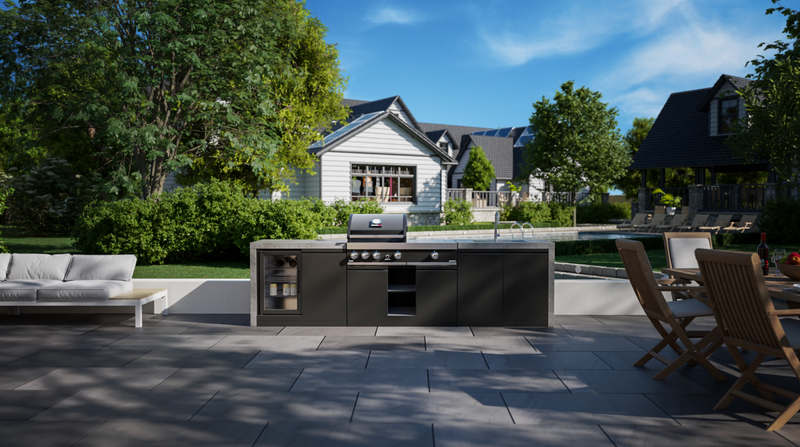 GrandPro Outdoor Kitchen with 3 Burner BBQ, Side Burner, Fridge, Sink and Water Fall - 3.6m x 1.5m