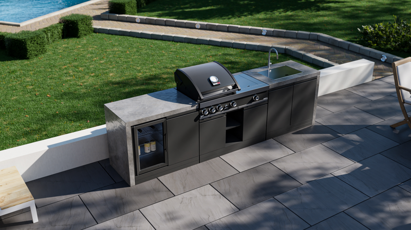 GrandPro Outdoor Kitchen with 3 Burner BBQ, Side Burner, Fridge, Sink and WaterFall - 3m