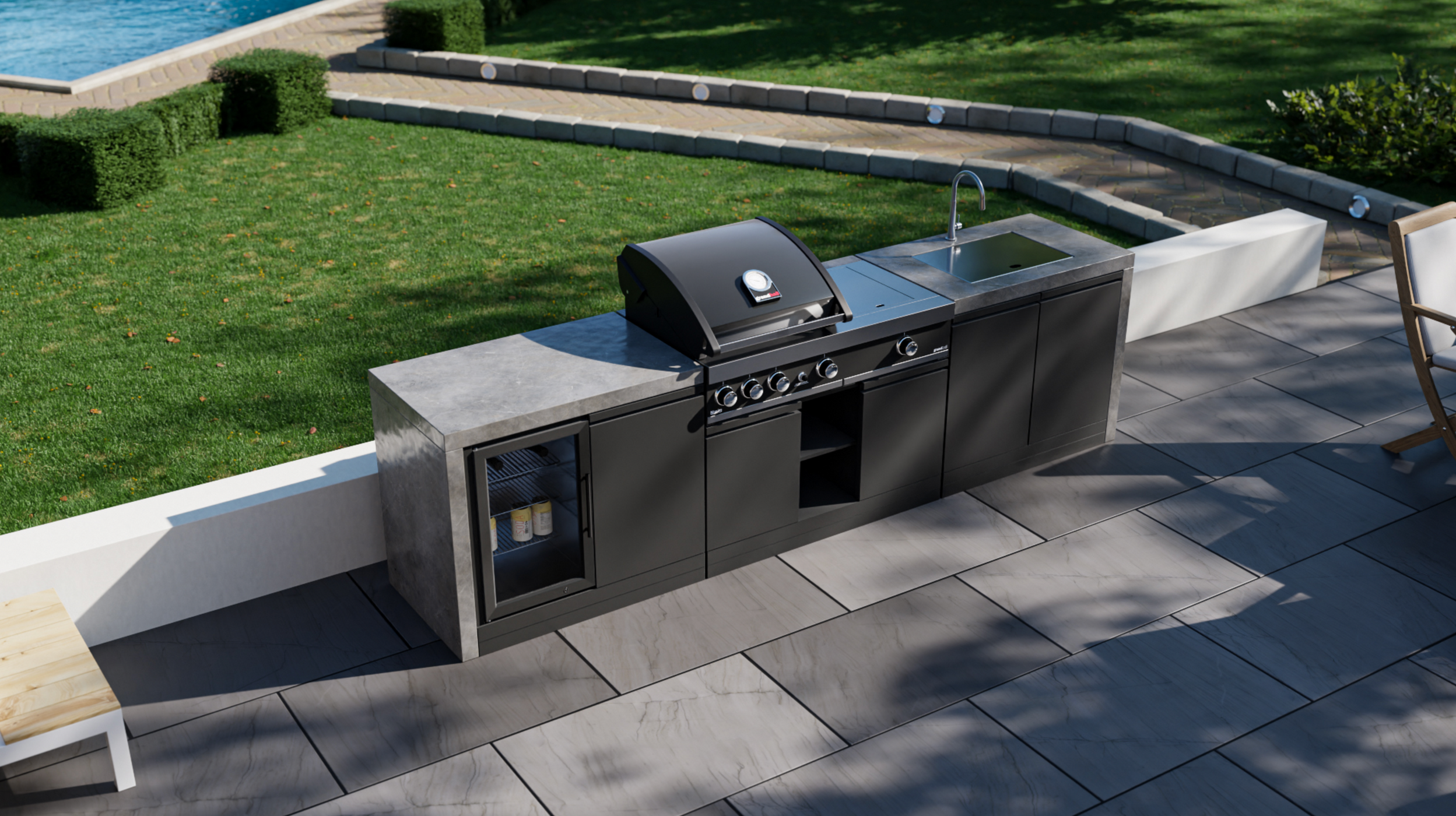 GrandPro Outdoor Kitchen Maxim 3 Burner, Side Burner, Fridge, Sink and Water Fall - 3m