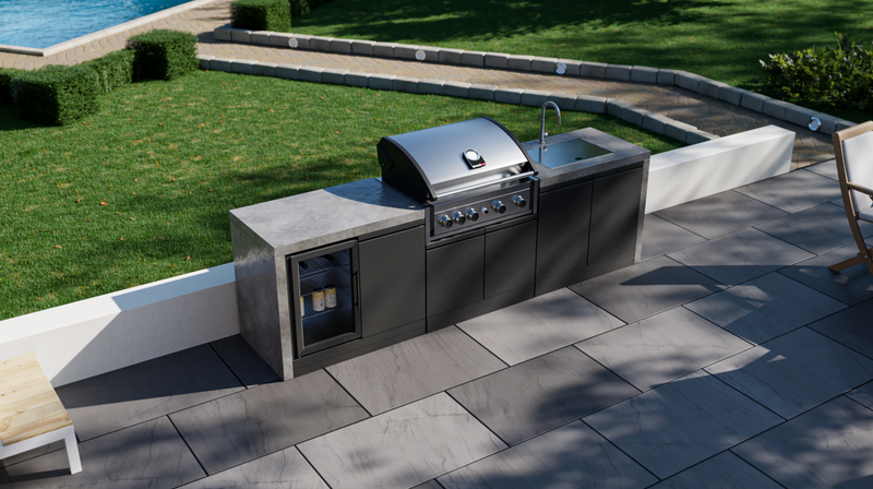 GrandPro Outdoor Kitchen Elite Pro 4 Burner BBQ, Fridge, Sink and WaterFall - 3.4m x 1.5m