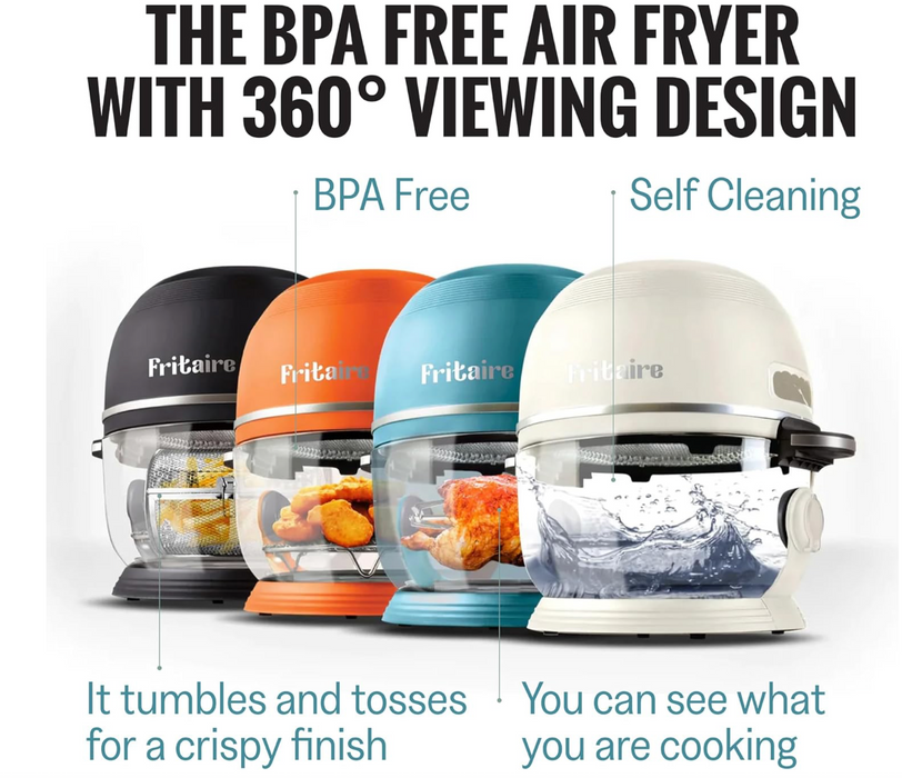 Fritaire - Orange Air Fryer, Non-Toxic AirFryer for 3-5 people with 360 Visibility, Easy Self-Cleaning, Teflon & BPA-Free, Vortex for Even Cooking, Rotisserie, Roast, Bake, Dehydrate.