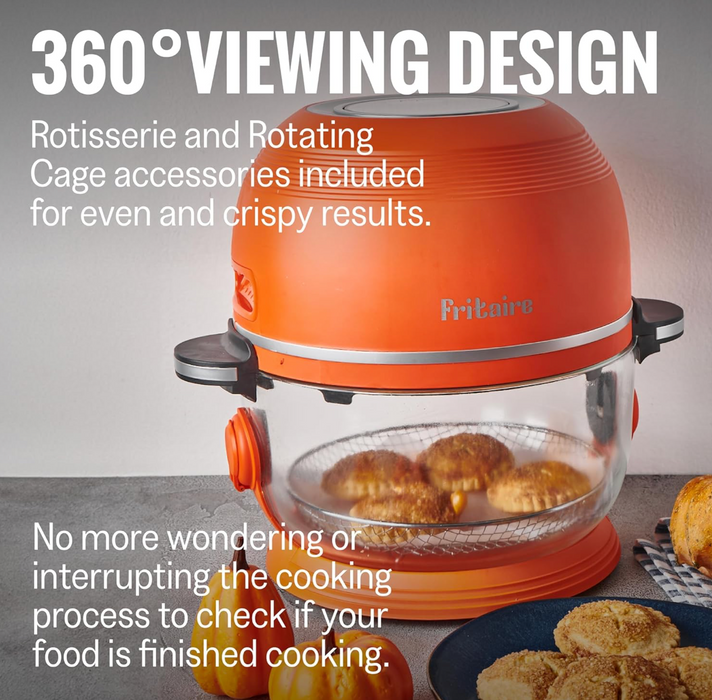 Fritaire - Orange Air Fryer, Non-Toxic AirFryer for 3-5 people with 360 Visibility, Easy Self-Cleaning, Teflon & BPA-Free, Vortex for Even Cooking, Rotisserie, Roast, Bake, Dehydrate.