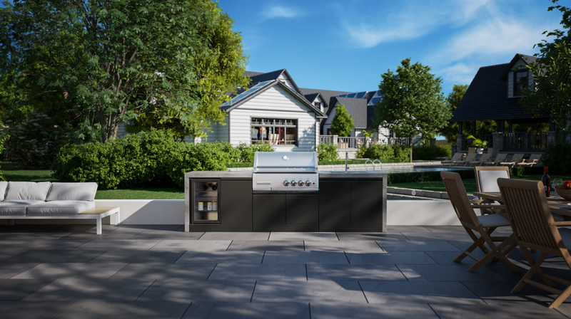 GrandPro Outdoor Kitchen with CrossRay 4 Burner BBQ, Sink, Fridge and WaterFall - 3.4m x 1.5m