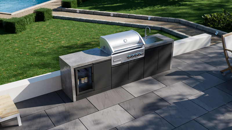 GrandPro Outdoor Kitchen with CrossRay 4 Burner BBQ, Sink, Fridge and WaterFall - 2.9m
