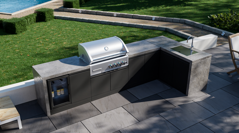 GrandPro Outdoor Kitchen with CrossRay 4 Burner BBQ, Sink, Fridge and WaterFall - 3.4m x 1.5m