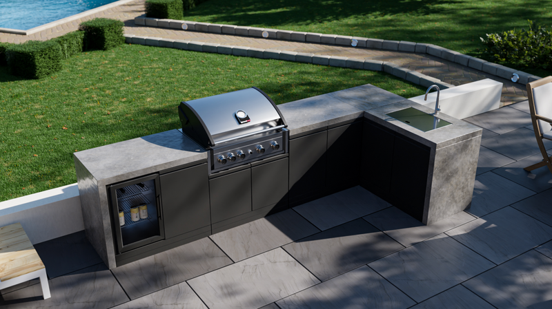 GrandPro Outdoor Kitchen Elite Pro 4 Burner BBQ, Fridge, Sink and WaterFall - 3.4m x 1.5m