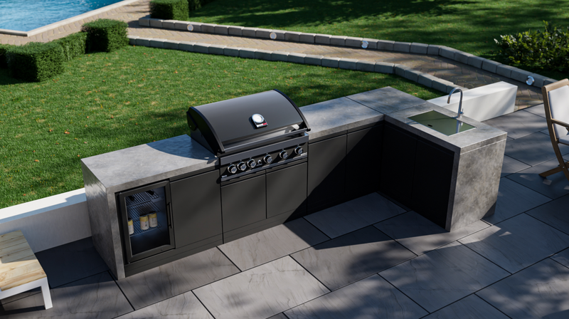 GrandPro Outdoor Kitchen with 5 Burner BBQ, Fridge, Sink and WaterFall - 3.4m x 1.5m