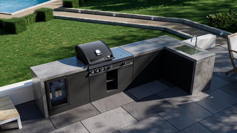 GrandPro Outdoor Kitchen with 3 Burner BBQ, Side Burner, Fridge, Sink and Water Fall - 3.6m x 1.5m