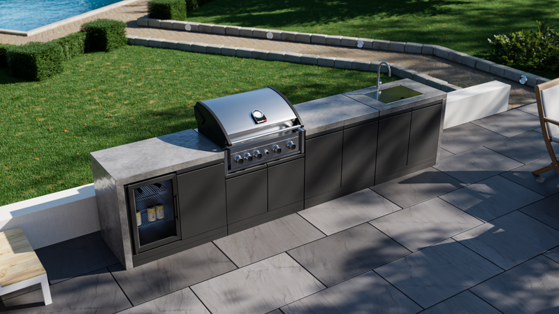 GrandPro Outdoor Kitchen with Elite Pro 4 Burner BBQ, Fridge, Sink and WaterFall - 3.4m