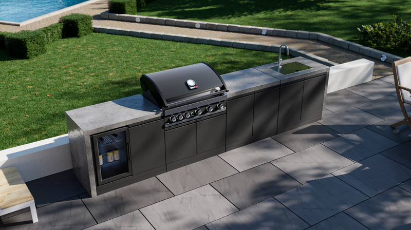 GrandPro Outdoor Kitchen with 5 Burner BBQ, Fridge, Sink and WaterFall - 3.7m