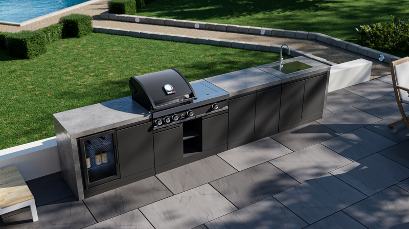 GrandPro Outdoor Kitchen with 3 Burner BBQ, Side Burner, Fridge, Sink and WaterFall - 3.6m