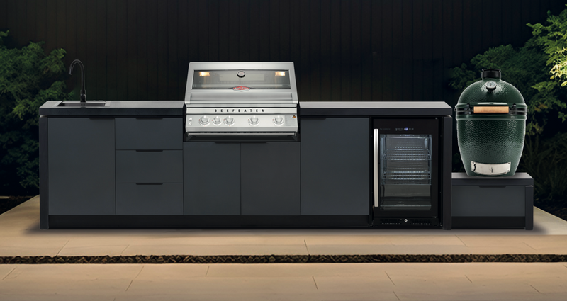 Cabinex Premium Outdoor Kitchen With Beefeater 7000 Classic 4 Burner with fridge and Sink + Green Egg and Base