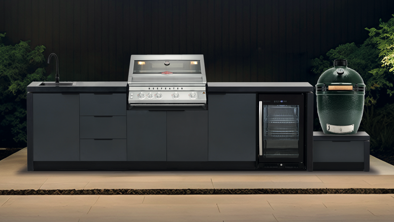 Cabinex Premium Outdoor Kitchen With Beefeater 7000 Classic 4 Burner with fridge and Sink + Green Egg and Base