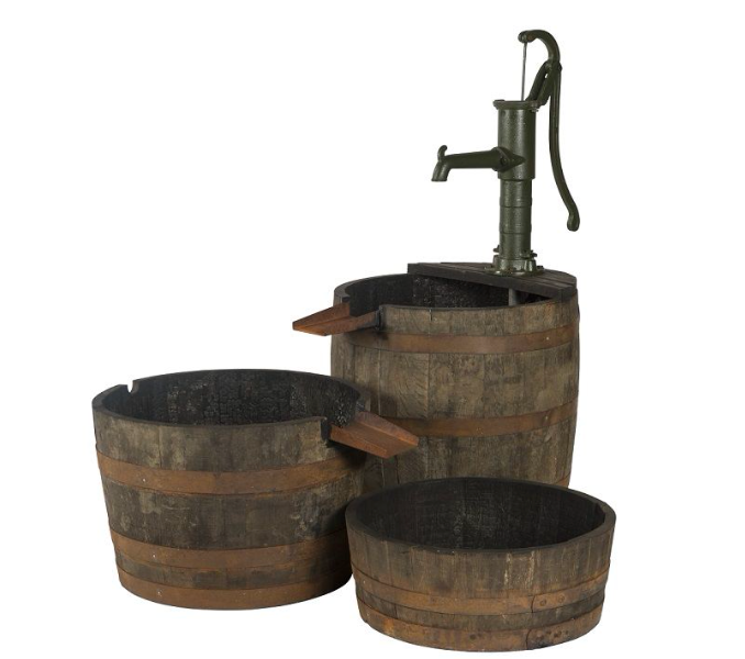 Oak Whisky Barrel Water Fountain - 3 Pieces with Cast Iron Pump