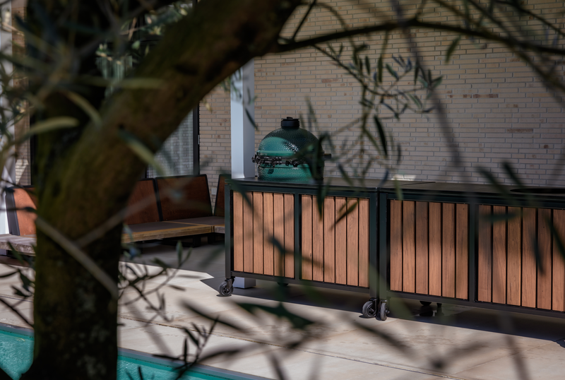 Luxurious Outdoor Kitchen Large Green Egg Kamado Grill and Cart