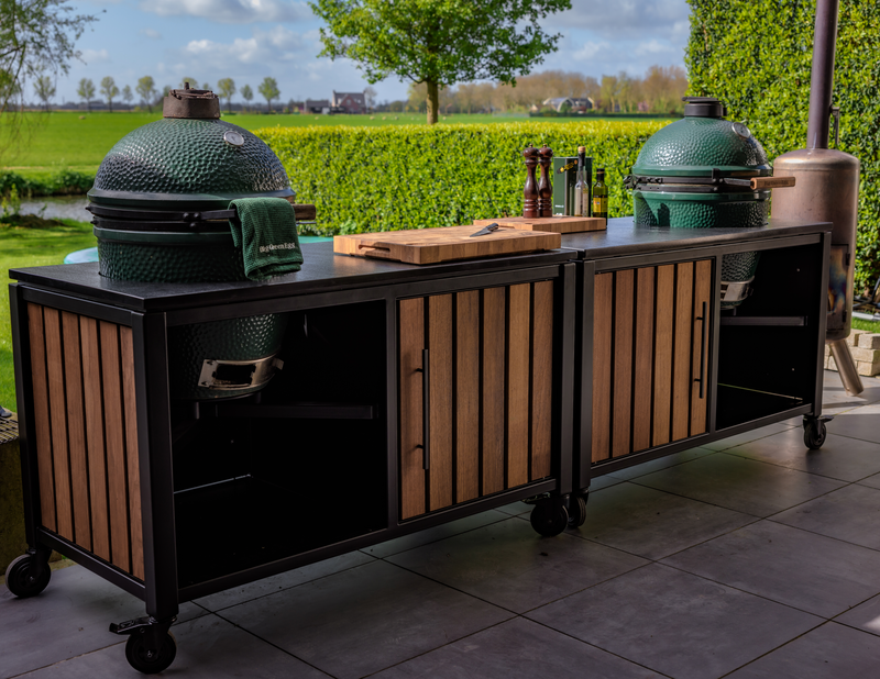 Luxurious Outdoor Kitchen Double Large Green Egg Kamado Grill and Cart