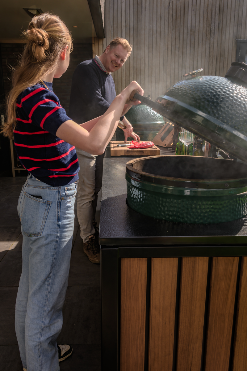 Luxurious Outdoor Kitchen Large Green Egg Kamado Grill and Cart