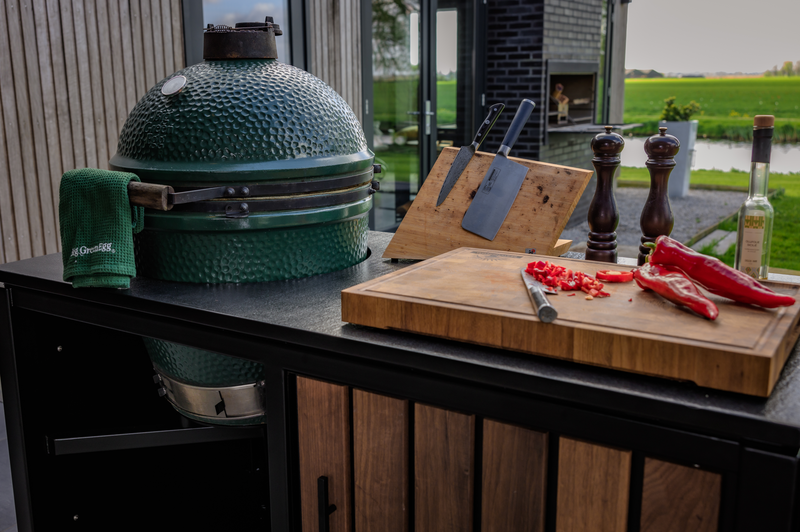 Luxurious Outdoor Kitchen Large Green Egg Kamado Grill and Cart