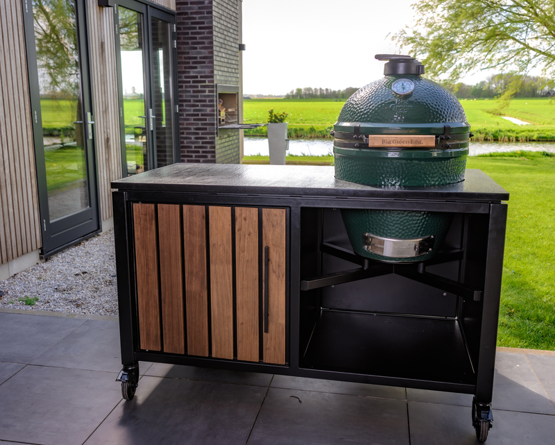 Luxurious Outdoor Kitchen Large Green Egg Kamado Grill and Cart
