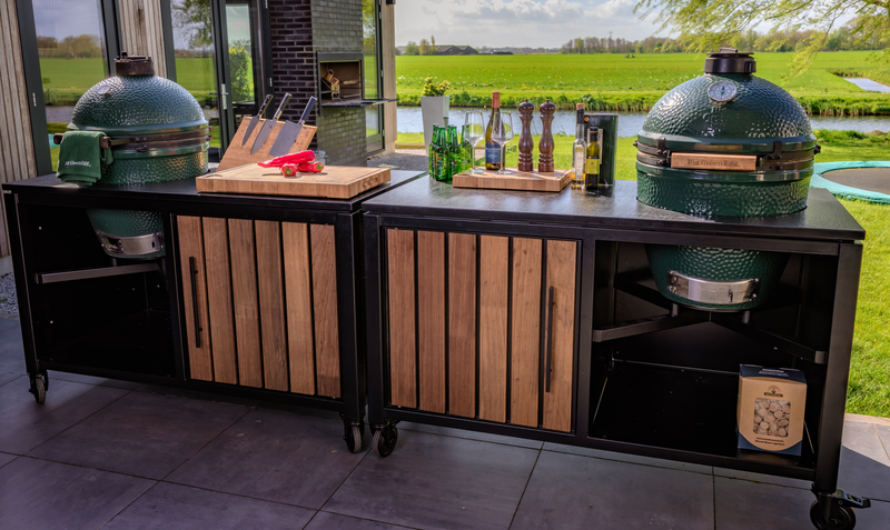 Luxurious Outdoor Kitchen Double Large Green Egg Kamado Grill and Cart