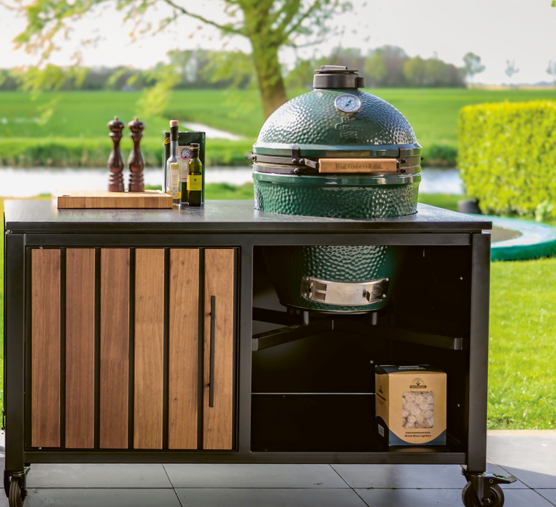 Luxurious Outdoor Kitchen Double Large Green Egg Kamado Grill and Cart