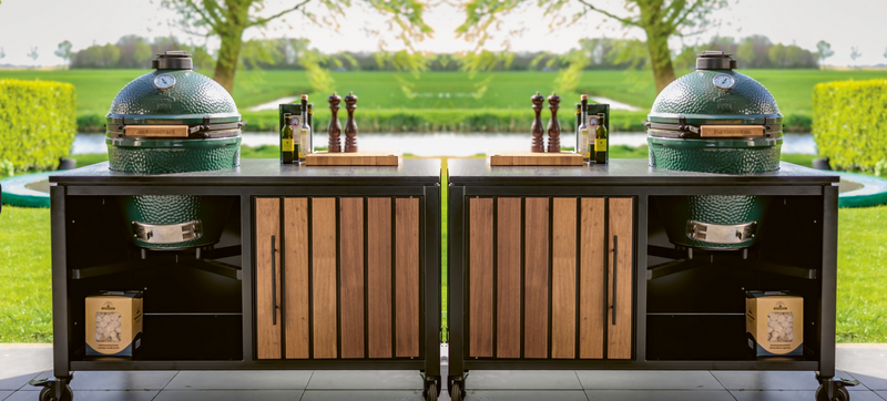 Luxurious Outdoor Kitchen Double Large Green Egg Kamado Grill and Cart