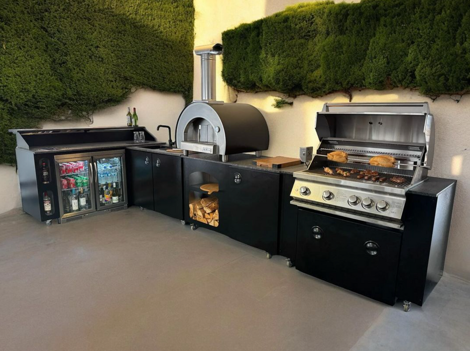 Outdoor kitchen L Shape Whistler Burford 4 BBQ  Piccolo Pizza oven Double door fridge and Side Bar
