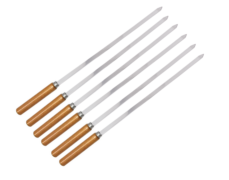 Skewers Stainless Steel Flat with Wooden Handle, perfect for grilling. Set of 6, each measuring 6.5 inches (42 cm)