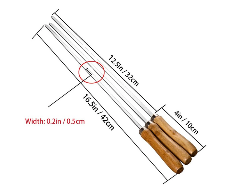 Skewers Stainless Steel Flat with Wooden Handle, perfect for grilling. Set of 6, each measuring 6.5 inches (42 cm)