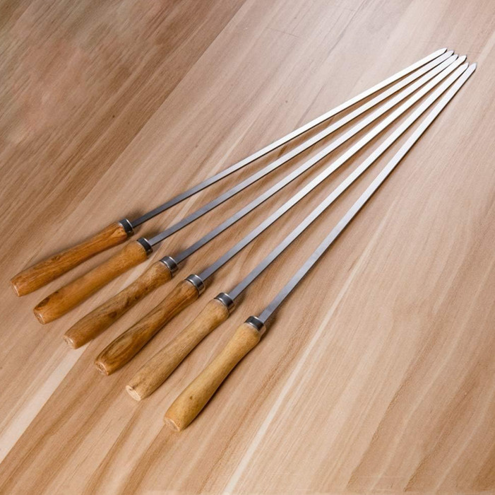 Skewers Stainless Steel Flat with Wooden Handle, perfect for grilling. Set of 6, each measuring 6.5 inches (42 cm)