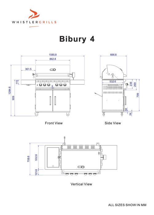 Whistler Bibury 4 & Side burner Gas BBQ | Rotisserie + Cover | Lifetime Warranty