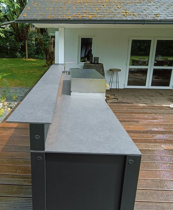 Belmento Flammkraft Gray Outdoor Kitchen 3.4M With Black Dekton worktop + Back Raisers with lead lights