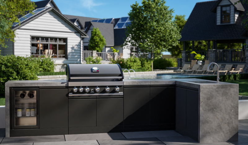 GrandPro Outdoor Kitchen with 5 Burner BBQ, Fridge, Sink and WaterFall - 3.4m x 1.5m
