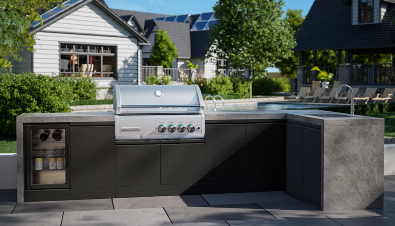 GrandPro Outdoor Kitchen with CrossRay 4 Burner BBQ, Sink, Fridge and WaterFall - 3.4m x 1.5m