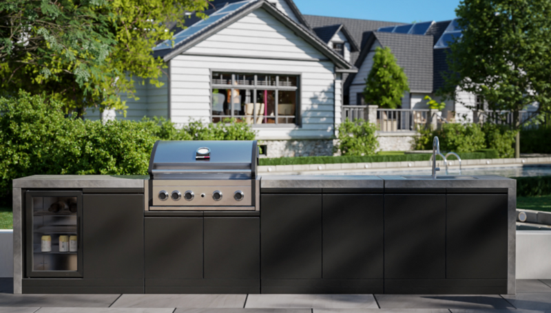 GrandPro Outdoor Kitchen with Elite Pro 4 Burner BBQ, Fridge, Sink and WaterFall - 3.4m