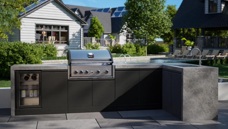 GrandPro Outdoor Kitchen Elite Pro 4 Burner BBQ, Fridge, Sink and WaterFall - 3.4m x 1.5m