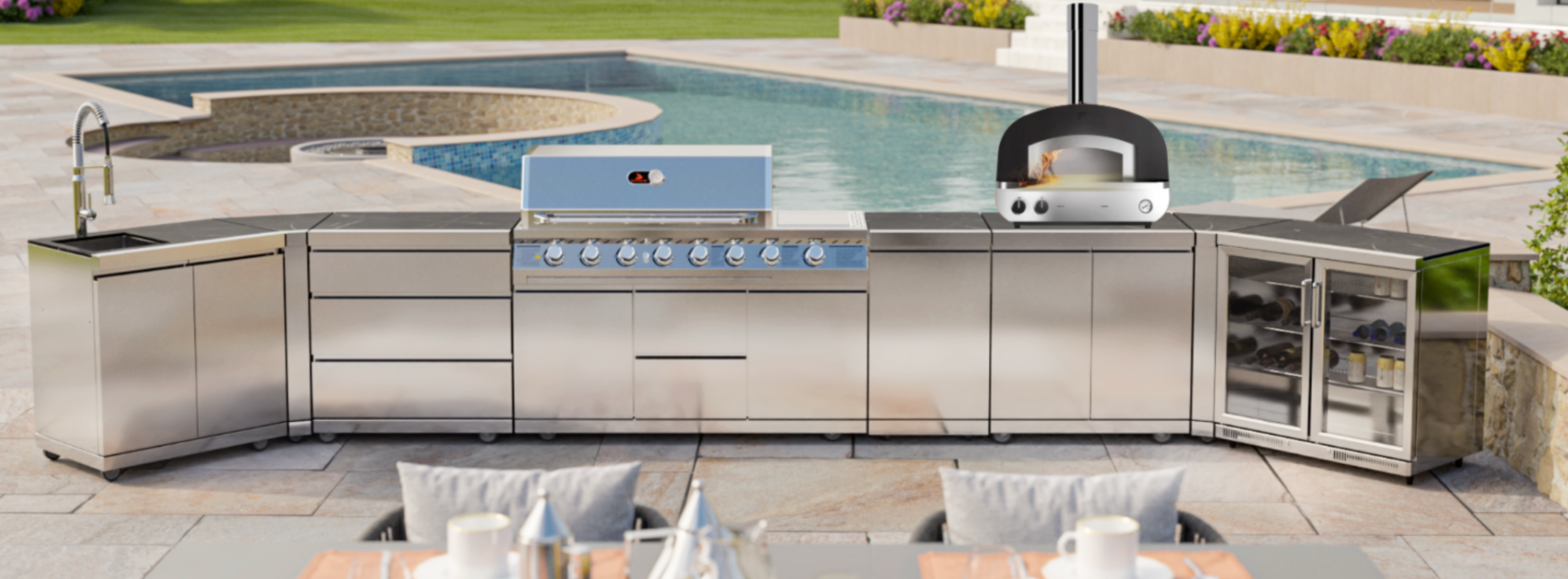 Whistler Cirencester Outdoor Kitchen 6 Burner BBQ, Sink and Fridge Stanton and Piero  Pizza oven