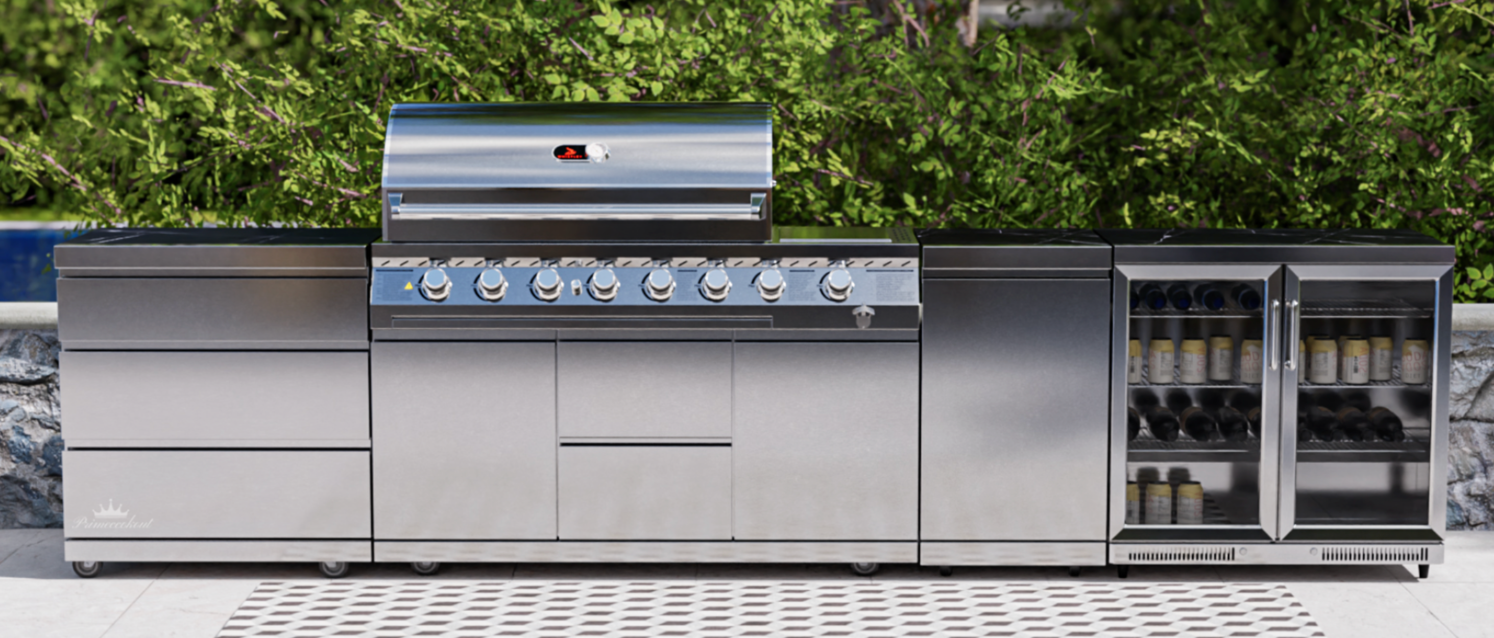 Whistler Cirencester Outdoor Kitchen 6 Burner BBQ, Fridge, Triple Drawer and Gas Bottle Cabinet