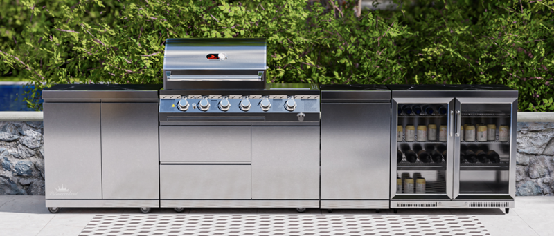 Whistler Outdoor Kitchen 4 Burner BBQ, Fridge, Double Doors and Gas Bottle Cabinet