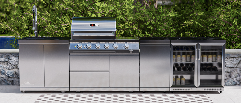 Whistler Outdoor Kitchen 4 Burner BBQ, Fridge, Sink and Gas Bottle Cabinet