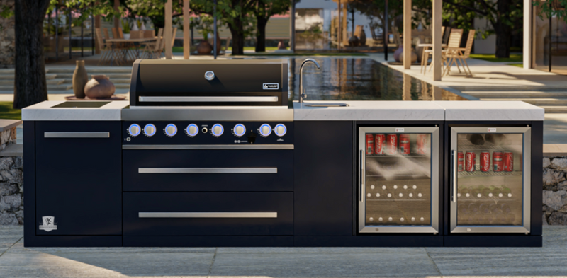 Mont Alpi Outdoor Kitchen Black, 6 Burner, Fridge, Sink and Weather Cover - 3.4m